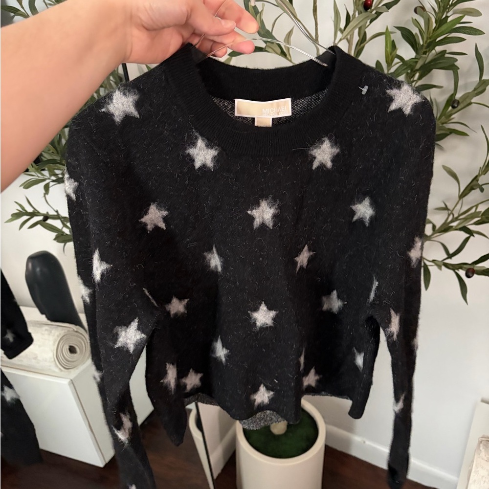 Michael Kors Black Star Pattern Fuzzy Knit Sweater